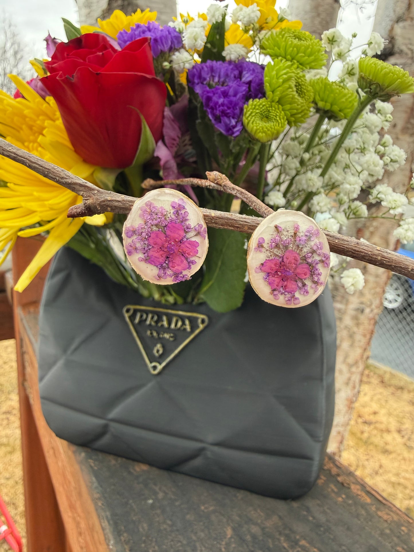 Elk Antler Floral Stud Earrings & Flower Vase Set